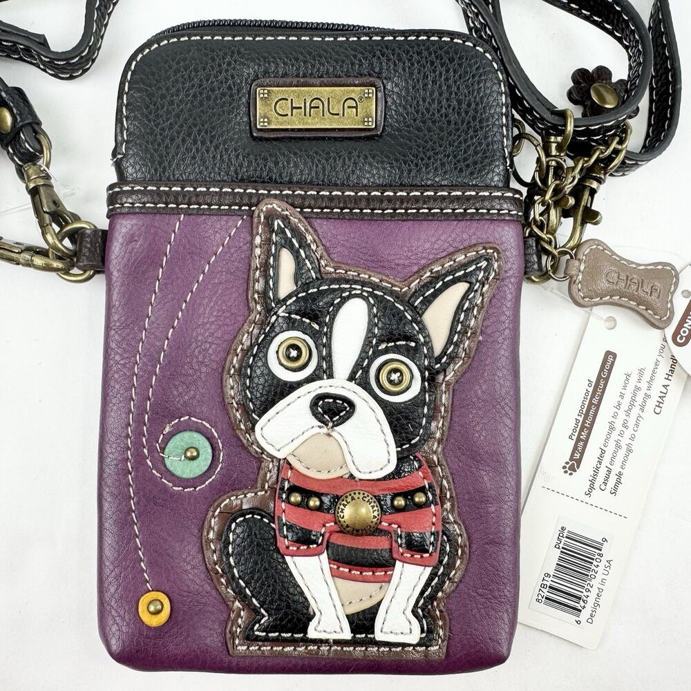 Chala Boston Terrier Puppy Crossbody Purse Convertible Strap in Purple NWT
